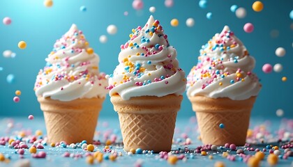 Whipped cream ice cream cones with colorful sprinkles