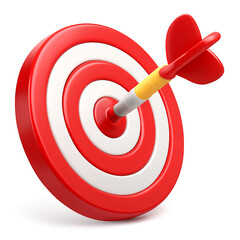 Red and white dartboard with dart in bullseye isolated on white background