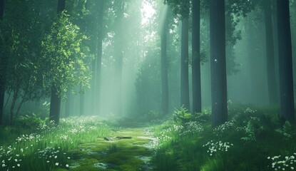 Fototapeta premium Lush forest path bathed in soft sunlight