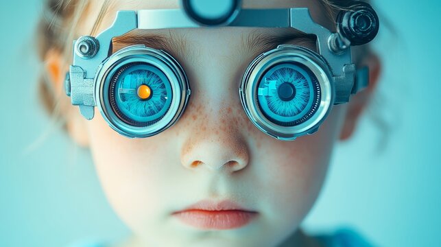 Little Girl with Futuristic Eye Exam Equipment, Exploring Vision Technology and Ophthalmology