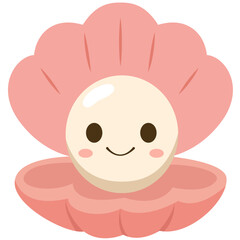 Adorable cartoon pearl inside a pink shell with a smile, great for ocean themes and cute decorative designs.

