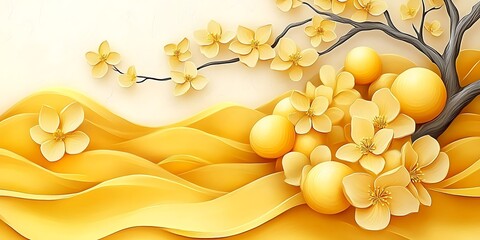 Golden blossoms and flowing waves