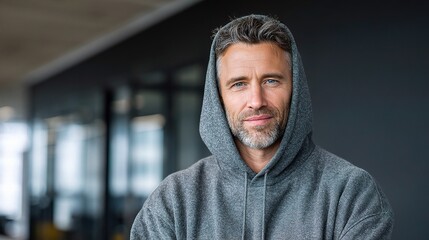 Confident Middle-Aged Man Wearing Hoodie in Modern Office Setting