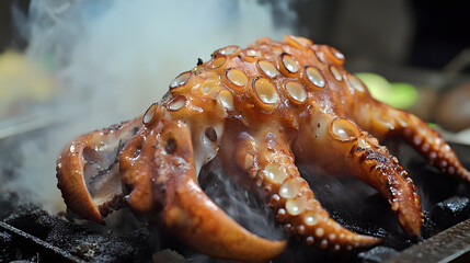 Grilled octopus with smoky aroma on barbecue grill, showcasing its tentacles and charred texture