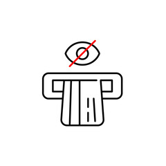 Vector icon of a credit card inserted in an ATM with a crossed-out eye, symbolizing hidden transaction, private banking, or disabled ATM visibility. Ideal for finance apps, banking interfaces, and pri