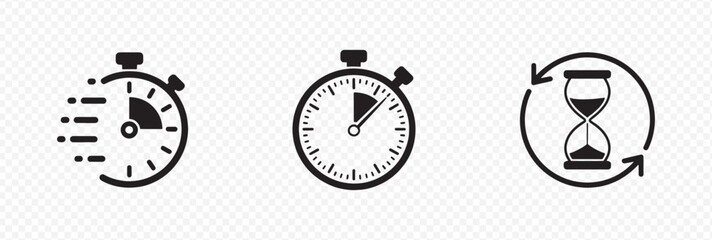 Set of 3 Timekeeping Icons Featuring Stopwatch, Hourglass, and Timer Representing Urgency, Time Management, and Countdown