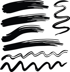 Black Brash, Black crayon stroke set - straight, wavy underlines and decorative borders. Hand drawn divider design elements