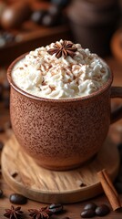 Creamy coffee drink topped with whipped cream and spices