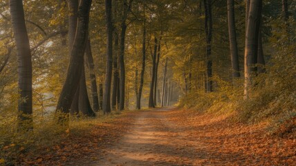 Obraz premium Peaceful Autumn Walkway Surrounded by Towering Trees and a Carpet of Colorful Leaves