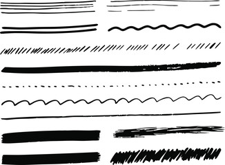 Black Brash, Black crayon stroke set - straight, wavy underlines and decorative borders.