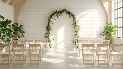 Fototapeta premium Bright wedding venue with empty wooden chairs and floral arch creates serene atmosphere