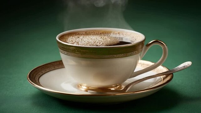 Steaming Coffee Cup: A steaming cup of freshly brewed coffee sits atop a matching saucer, inviting warmth and comfort with its rich aroma