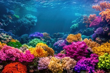 Fototapeta premium Vibrant coral reef ecosystem at Great Barrier Reef in Australia showcasing diverse marine life, Tropical corals of Great Barrier Reef Australia marine wildlife environment