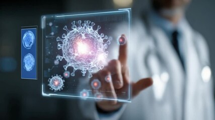 Digital Diagnosis: A medical professional interacts with an advanced digital interface displaying an intricate, illuminated image of a virus. - Powered by Adobe