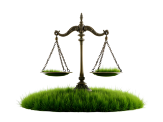Brass Scales of Justice on Green Grass Field , PNG file isolated on transparent background


