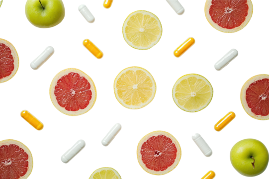 Colorful Assorted Fruit and Medicine Pills Pattern with Sliced Grapefruit Lemon and Green with Capsules and Tablets on White Background