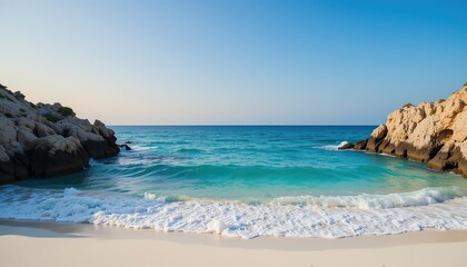 Sunny beach and sea with waves on a summer coastline of an island