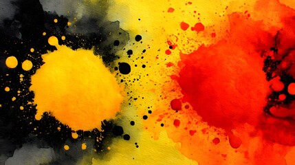 Vibrant abstract watercolor painting featu vivid splatters and blends of yellow, orange, and black ink creating a dynamic and artistic visual texture effect.