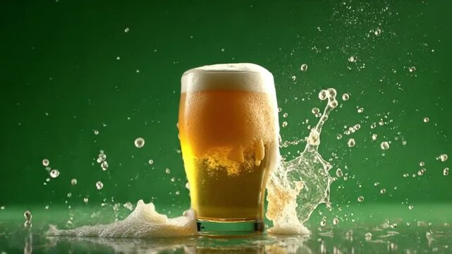 Beer Splash: A pint of frothy beer captured in mid-splash against a green backdrop, showcasing its golden hue and inviting refreshment.