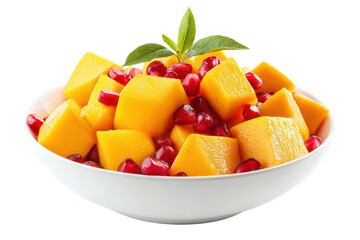 Bowl of Fresh Cut Mango Cubes with Pomegranate Seeds and Mint Garnish on White Plate for Healthy Snack or Fruit Salad