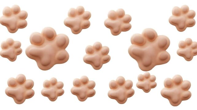 A repeating pattern of light brown paw print shapes on a white background arranged in a scattered manner