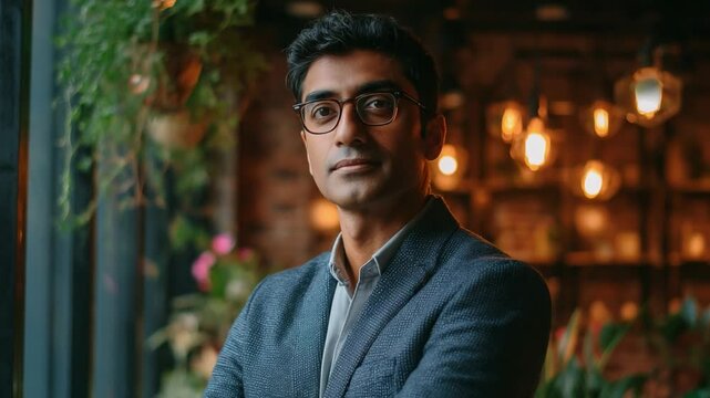 Young Indian businessman is confident, gazes confidently towards the camera. Captured with a sharp focus.
