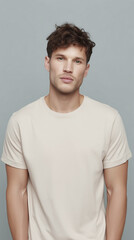 Obraz premium Young man with tousled hair wearing a light-colored t-shirt poses against a soft gray background, showcasing a relaxed and approachable demeanor in a portrait setting