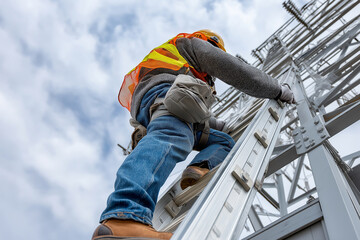 Fototapeta premium technician worker climbing ladder for inspect or maintenance machine in high voltage electric transformer sub station