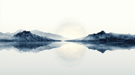 Serene, minimalist landscape painting depicting twin mountain ranges reflected in a still, calm lake under a luminous orb, possibly sun or moon, in a cool, blue palette