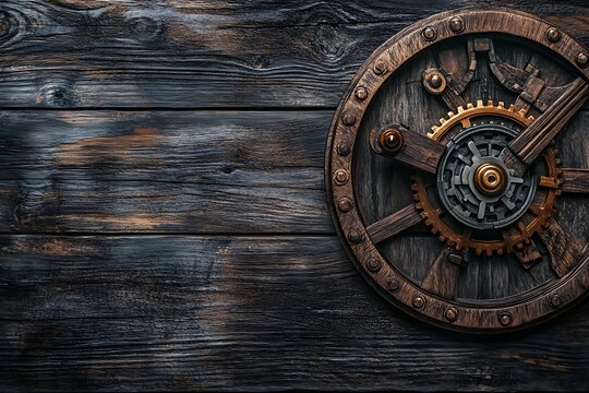 A detailed steampunk clockwork mechanism featuring wooden and metal gears on a rustic dark wood plank background with copy space