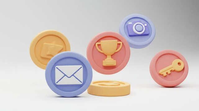 Pastel colored circular icons with mail key phone and settings symbols on a white background studio shot