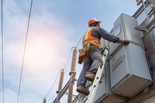 Ladder Work Stock Image Worker Climbing Ladder