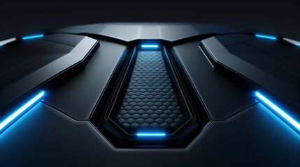 Detailed minimalist shield pattern on a matte dark surface illuminated with soft blue glows