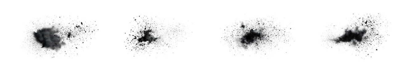 Fototapeta premium An eliment set of Black chalk pieces, powder explode in dynamic splatter. Dark particles fly outward from central point on islated transfarent background, PNG.