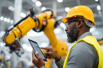 Engineer controlling robotic arm with tablet, backlit by clean factory lighting, 