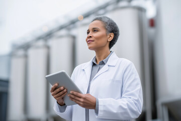 Food safety inspector in a white coat documenting results on tablet at dairy production plant, steel tanks in background, 