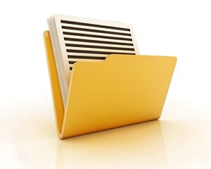 3D Yellow File Folder with Lined Documents – Office Stationery and Data Storage Icon Isolated on White Background