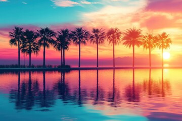 Fototapeta premium Stunning sunset casting vibrant colors over calm water with palm tree silhouettes in tranquil setting, Scenic sunset over calm water, palm trees silhouette against vibrant sky