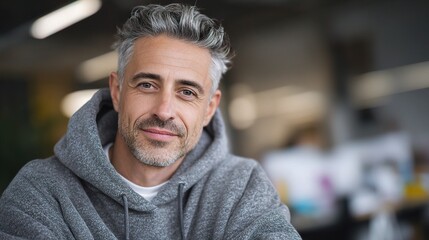 Confident Middle-Aged Man Wearing Hoodie in Modern Office Setting