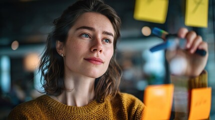 Young Woman Writing Goals on Window with Dry Erase Markers
