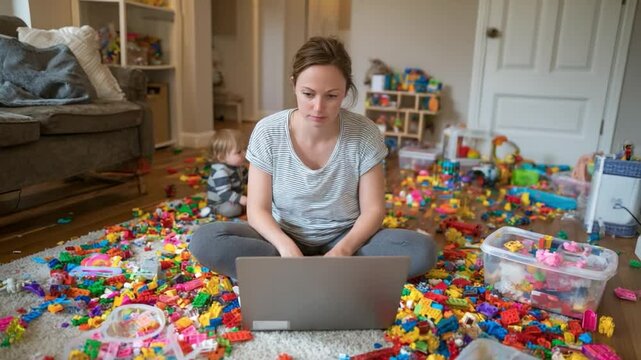 Balancing Act: A dedicated mother navigates the challenges of remote work amidst the playful chaos of children's toys, symbolizing the modern juggle of career and family.