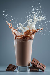 Milk and chocolate in a glass, a splash of milk on a grey background, high-speed photography, studio lighting, white tones, color grading, high-resolution photography, high detail,