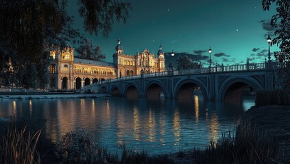 Fototapeta premium Twilight cityscape by a river. Grand building, bridge, and tranquil water