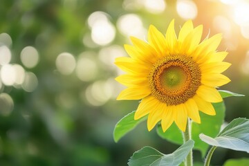 Obraz premium Bright sunflower blooming in a sunlit garden surrounded by lush green leaves, Sunflower in sunlit garden with green leaves and blurred background