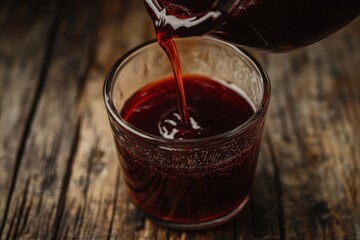 Syrup pours into a glass, creating a rich texture and shimmer on a rustic wooden table, Syrup Poured And Fills Screen