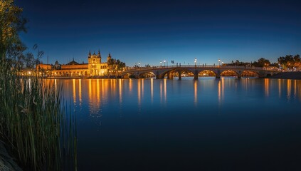 Fototapeta premium Nighttime view of a bridge over a calm river, illuminated buildings reflecting in the water
