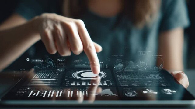 Digital Interaction: An individual's finger precisely navigates the intuitive interface of a modern tablet, revealing a vibrant network of data and connections.