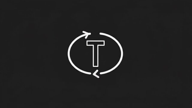 A white letter t encircled by a white oval with arrows on a dark gray background in the center view