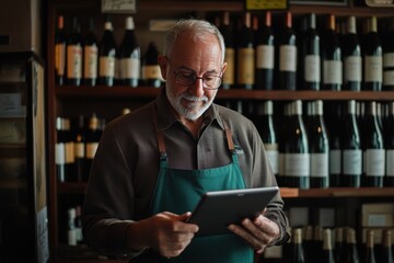 Wine shop owner uses digital tablet to manage inventory and engage with customers during busy hours, owner of a wine shop using his digital tablet