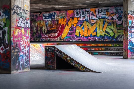 Vibrant urban skate park ramp surrounded by colorful graffiti in an outdoor setting, Urban skate park ramp with colorful graffiti backdrop